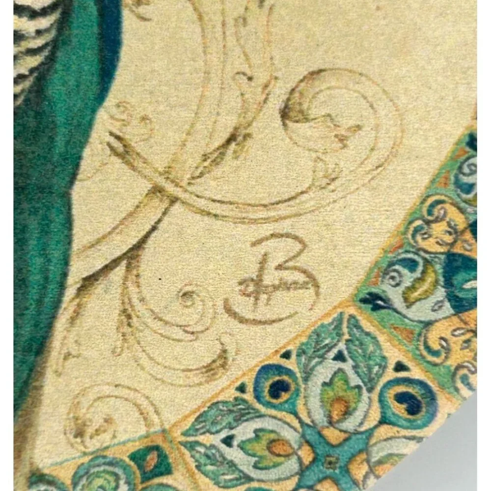 Daphne B Peacock Bird Round Coasters Teal Scrolls Bordered Elegant Pretty (4)